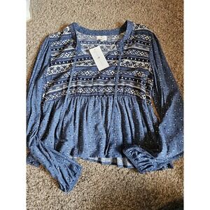 True Craft Blue White Floral Geometric Tie Neck Long Sleeve Blouse XL